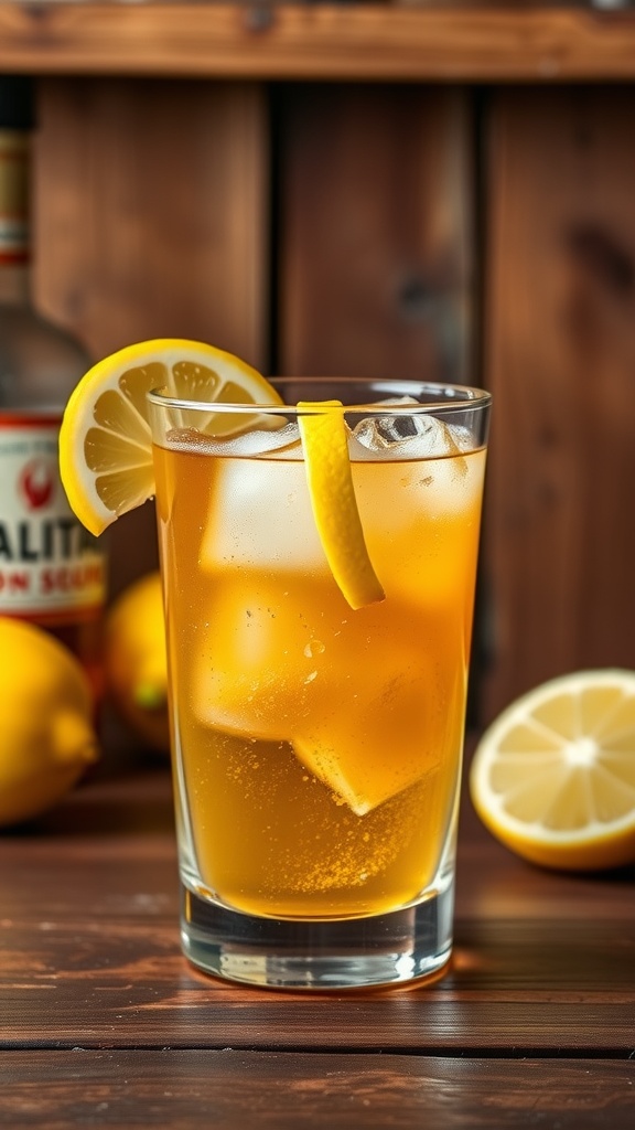 A Bourbon Sour cocktail in a rocks glass with ice and a lemon twist garnish on a wooden bar.